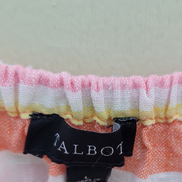 Talbots 100% Linen Palm Stripe Top Sz L Smocked Square Neck Short Sleeve Preppy - Picture 6 of 7